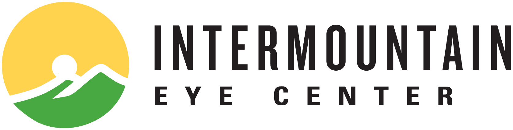 Intermountain Eye Center's logo depicting a yellow glowing sun rising above green mountains to the left of the name.