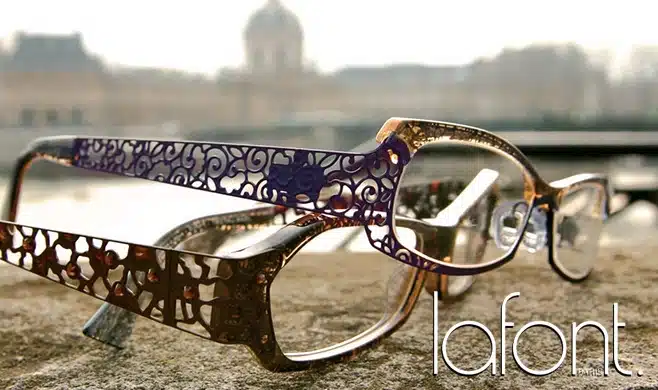 A couple pairs of designer frames arranged on top of each other, with the Lafont brand in the lower right corner.