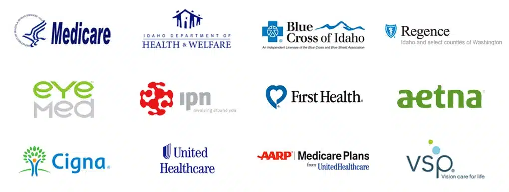 A montage of health insurance provider logos including Medicare, Idaho Department of Health and Welfare, Blue Cross of Idaho, Regence, Eye Med, IPN, First Health, Aetna, Cigna, United Healthcare, AARP Medicare Plans, and VSP.