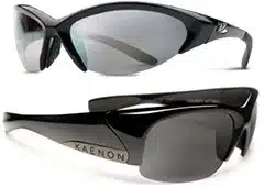 A couple of futuristic-looking black Kaenon branded eyeglasses with thick temples.
