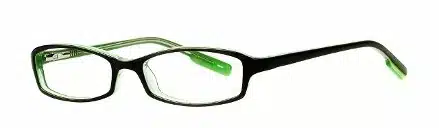 A pair of Taylor Madison eyeglasses. Narrow black frame with green highlights.