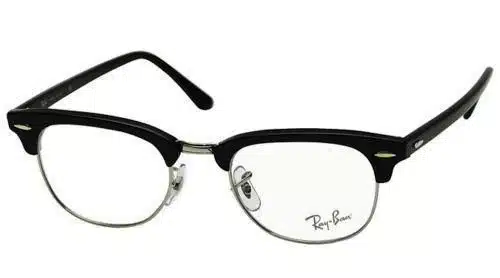 A pair of classic Ray-Ban eyeglasses, with black half-rims and temples.