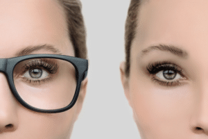 An image of one woman wearing glasses and another woman not wearing glasses, representing the transition from glasses to LASIK.