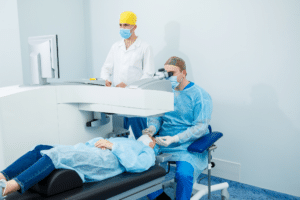 In a hospital setting, a doctor assesses a patient after explaining LASIK expectations and procedures.