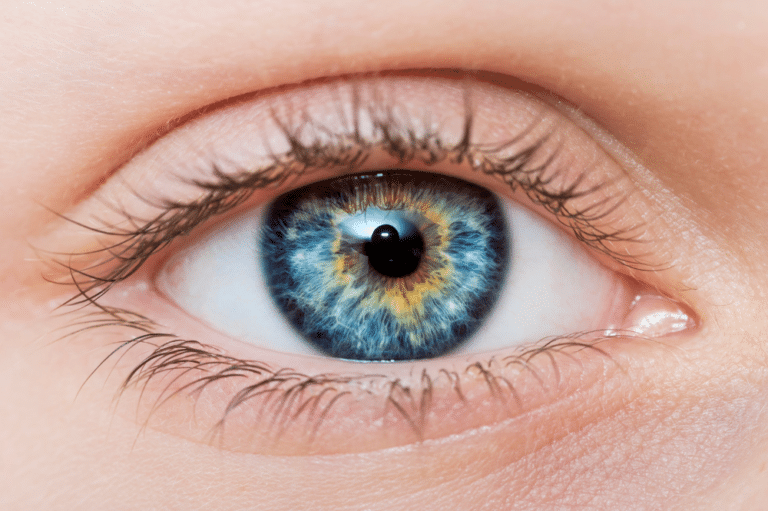 Detailed view of a blue iris, highlighting potential eye floaters within the eye.