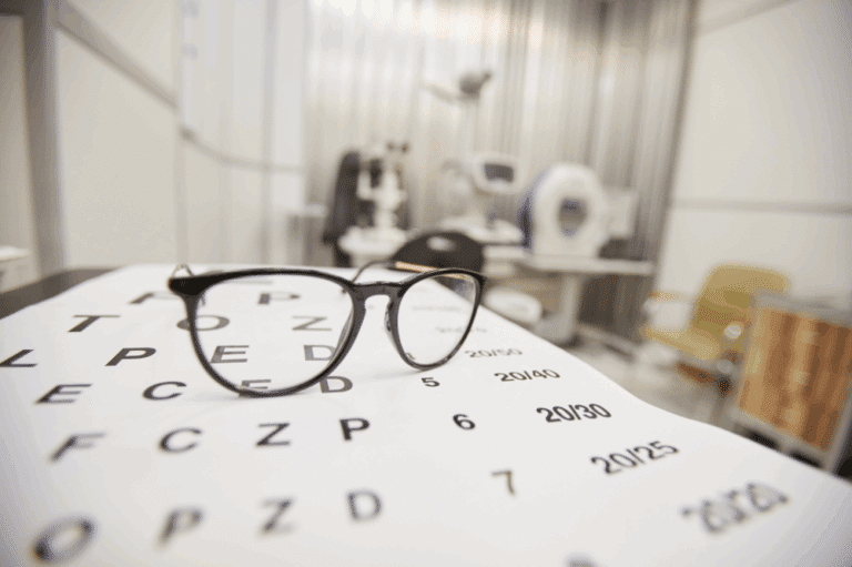 A pair of glasses on a table in an eye clinic, illustrating the importance of details about LASIK timing for patients.