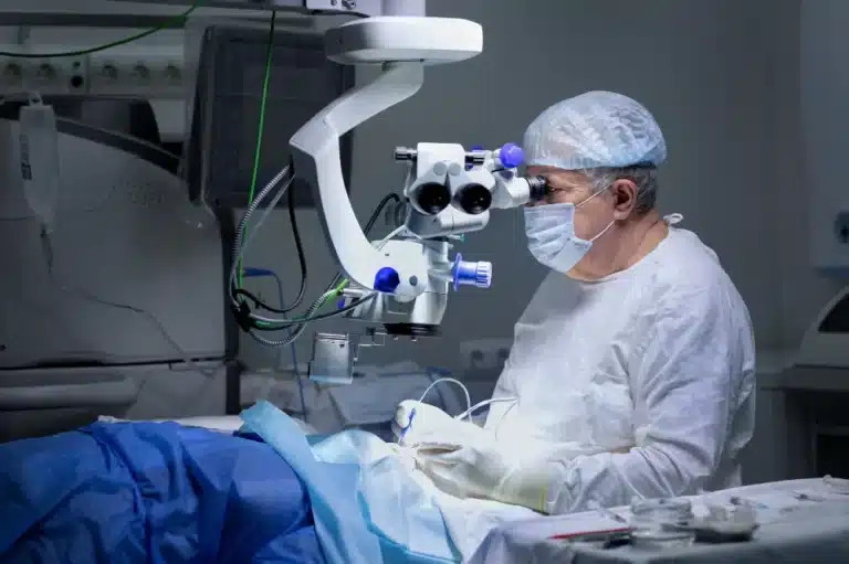 A doctor in a surgical gown assesses a patient, emphasizing the importance of recovery after cataract surgery.